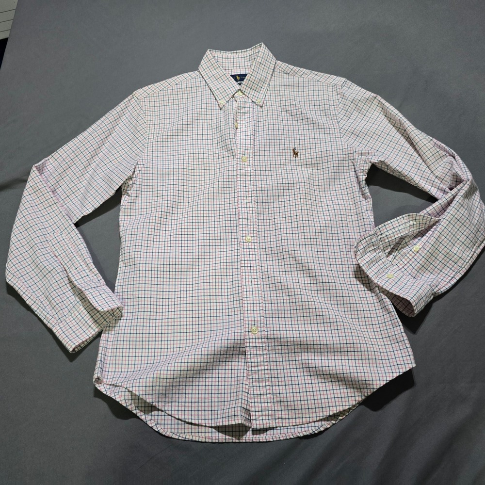 Ralph Lauren Button Down Shirt Mens M Pink Blue Tattersall Slim Fit Long Sleeve